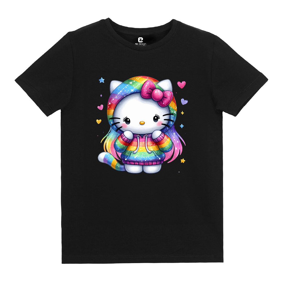 Hello Kitty Renkli Kapüşonlu Baskılı Çocuk T-shirt