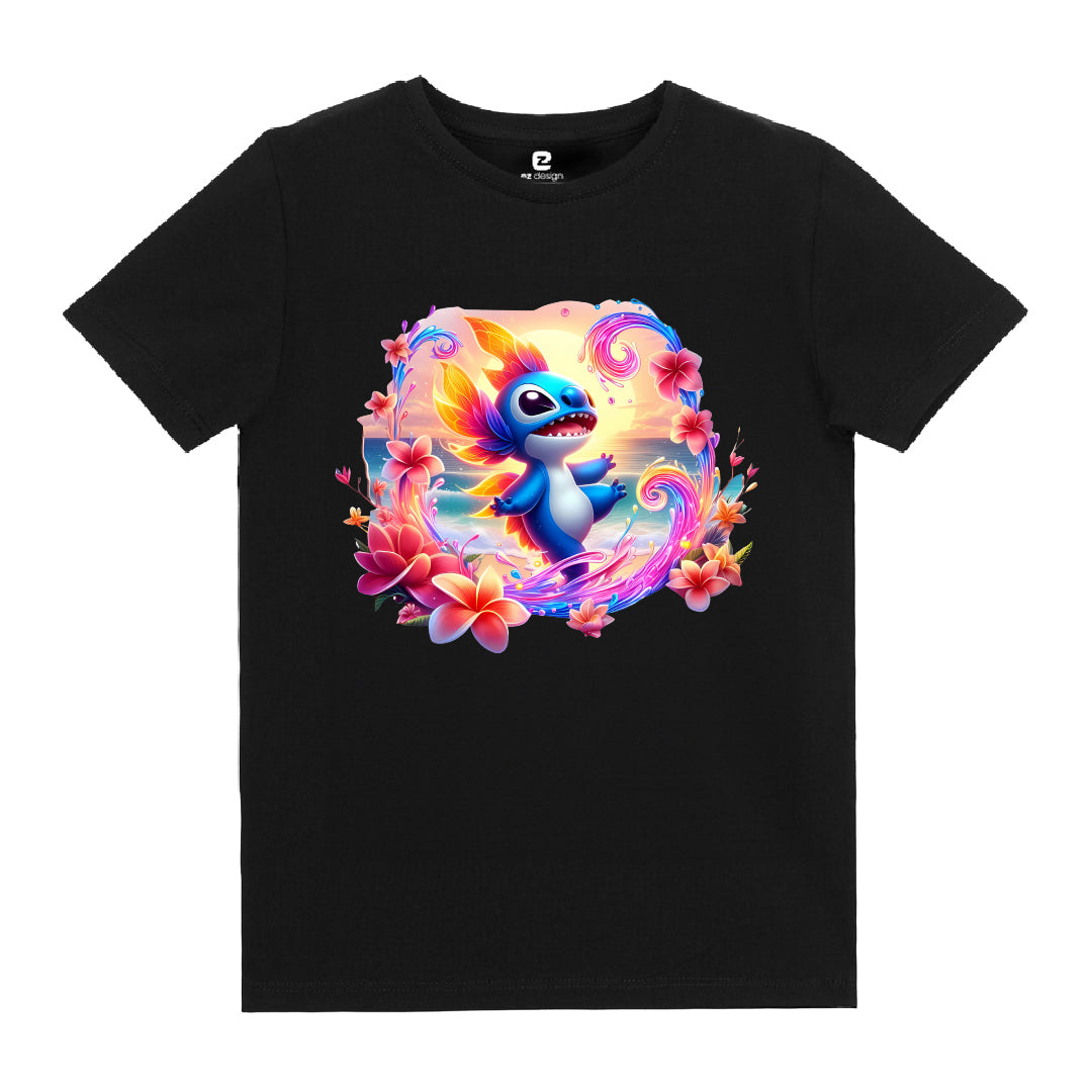 Stitch Çiçekli Baskılı Çocuk T-shirt